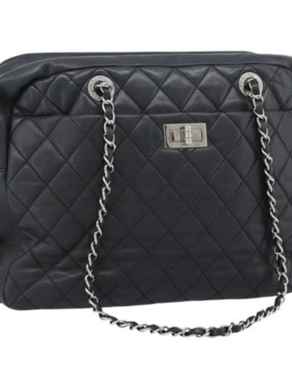 CHANEL 2.55 Chain Shoulder Bag Lamb Skin Black Silver CC Auth 186127V